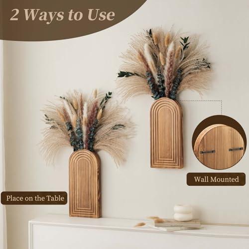 2 Pack Wooden Wall Vase Set with Pampas Grass Eucalyptus, Modern Farmhouse Boho Wall Decor for Living Room, Entryway, Hallway, Bathroom, Dining Room, Brown Wall Art for Home Decoration