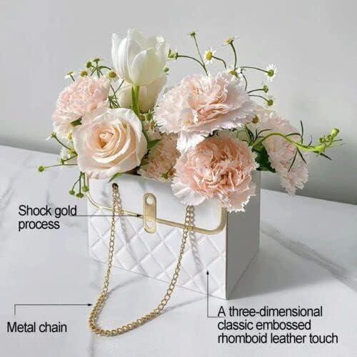 NADUSEP 4 PCS Flower Paper Gift Box, Bouquet Storage Bucket Florist Handbag with Metal Chain, Gift Craft Wrap Bag for Wedding Party Valentine's Day Birthday Mother's Day Bridal Shower Gift Wrap Bags (White Pink)