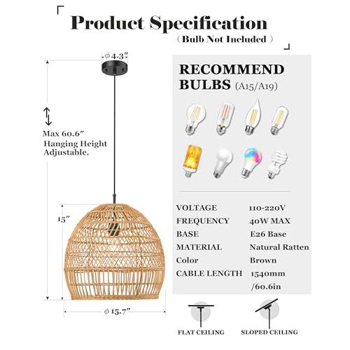 ELYONA Modern Boho Rattan Chandelier, 16” Large Rustic Wicker Pendant Light Fixtures, Basket Hand Woven Hanging Lamp for Coastal Kitchen Island Dining Room Living Room Bedroom Foyer (40cm*40cm)