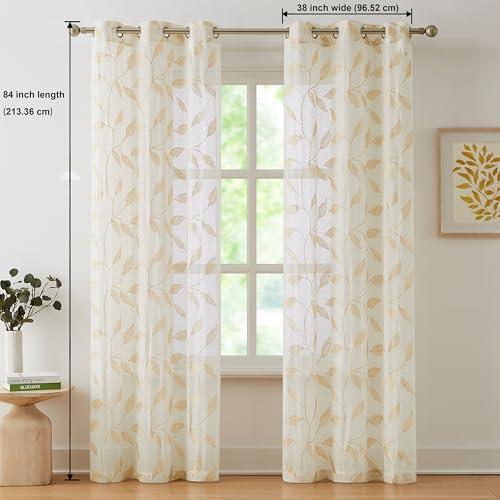 Bujasso Gold Linen Leaf Sheer Curtains Embroidered Floral Farmhouse Light Filtering Window Panels Botanical Sheer Drapes for Living Room Bedroom Grommet