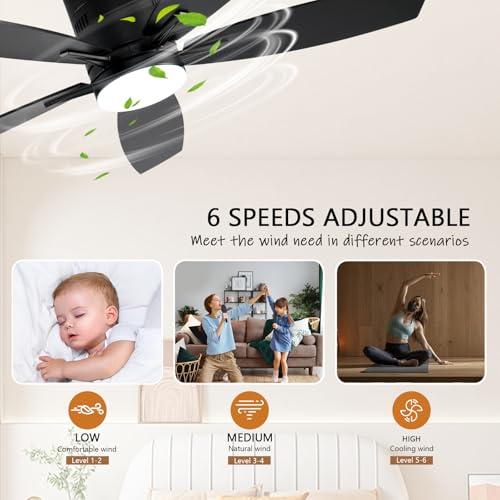 Ceiling Fans with Lights, 52 Low Profile Indoor Ceiling Fan with Light and Remote Control, Dimmable, Noiseless, Reversible, Black Ceiling Fan for Bedroom, Indoor/Outdoor Use
