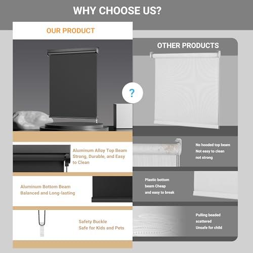 Blackout Roller Shades for Windows, Color-Matched Roller Blinds, UV Protection, Thermal Insulation Fabric Room Darkening Shades for Home, Office, Black, Custom Size.