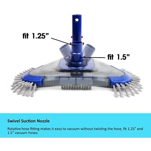 Poolvio Triangular Pool Vacuum Head with Side Brush, Swivel Hose Connection, EZ Clip Handle - Connect 1-1/4, 1-1/2 Hose for Inground and Above Ground Swmming Pools