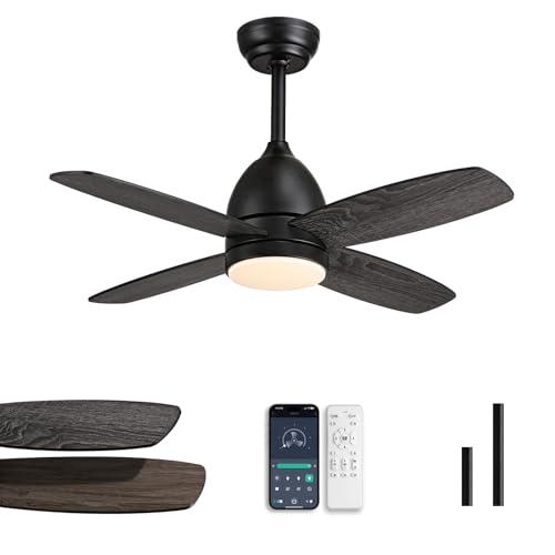 Black SNZ Ceiling Fans with Lights and Remote, 38 in Low Profile Ceiling Fan with Quiet Reversible DC Motor, 6-Speed, Dimmable 3-Color LED, Black Ceiling Fan for Bedroom, Patio, Indoor and Outdoor