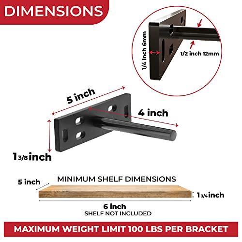Set of 4 Floating Shelf Brackets Heavy Duty (1/4 inch Thick Baseplate) Painted Black Mild Steel/Bracket for Hidden Wall Shelves Support Hardware Mount Kitchen/Nursery Decor (4 inch Rods)