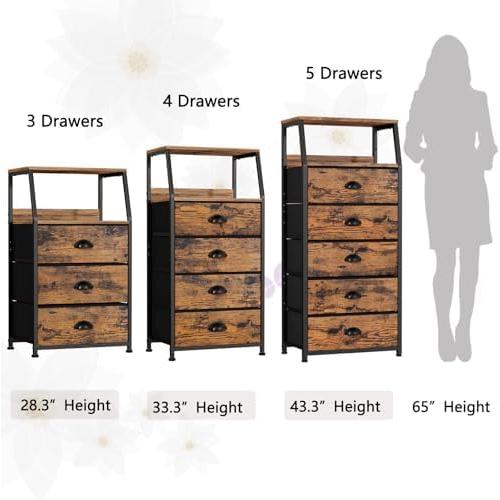 Furnulem Night Stand, Tall 4 Drawers Dresser for Bedroom, Hallway, Nursery, Closet Organizer, Nightstand Bedside Table Furniture, Vertical Storage Tower Fabric, Sturdy Steel Frame, Wood Top