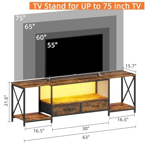 LED TV Stand for 75 70 Inch TV with Fabric Drawers LED Entertainment Center Television Stands with Storage Shelves for Living Room, Bedroom, TV Console Table 63 Rustic Brown