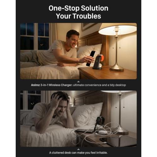 Anlmz 3 in 1 Charging Station - Wireless Charger for Apple Multiple Devices | Fast Charge Stand for iPhone 17-8 iWatch Airpods 4 3 Pro No Tangled Cables Ideal for Desk Bedside with 18W Adapter Black