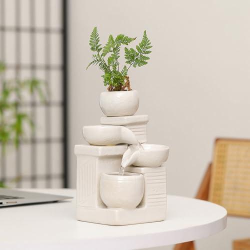 Indoor and Outdoor Tabletop Desktop Fountain Water Feature Home and Garden Ceramic Decoration (White S094)