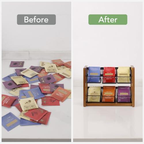 HTB 2 Tier Tea Organizer for Tea Bags with 6 Removable Metal Baskets | Acacia Wood Tea Bag Holder for Sugar Packets, Sweeteners, Creamers,Tea Bag Box Caddy for Cabinet, Counter,Office Wall-mounted