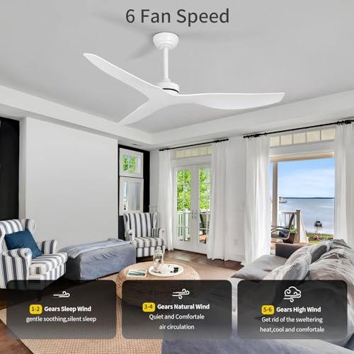 Ceiling Fans without Light,52 Inch Ceiling Fan with Remote Control,3 Reversible Blade,White Ceiling Fan for Bedroom, Living Room,Hallway