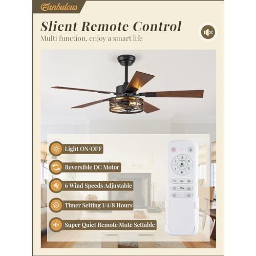 BLACK Farmhouse Ceiling Fans with Light, 48 Inch Bedroom Ceiling Fan with Lights, 6-Speed Adjustable, Quiet and Reversible DC Motor, Dual Finish 5 Blades, Rustic Caged Ceiling Fan for Living Room