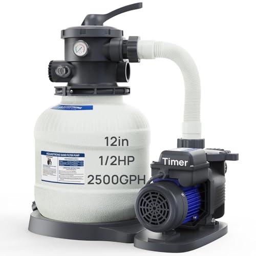AQUASTRONG Sand Filter Pump for Above Ground Pool with Timer, 1/2 HP Pool Pumps Above Ground 2500 GPH for Pools up to 9000GAL, 12in Pool Sand Filter with 6-Way Valve, Improved Circulation & Filtration