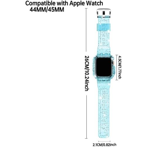 XYF Compatible for Crystal Clear Apple Watch Bands 45/44mm GlitterBlue | Sport Strap & Bumper Case Cover for Men Women, Crystal Clear Jelly, Compatible iWatch Ultra 3 2 Series 11 10 9 8 7 SE 6 5 4 3