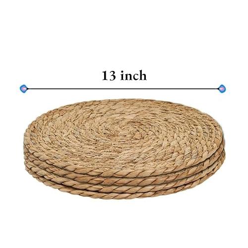 13 in Round Woven Placemats Plate Chargers Set of 4, Boho Farmhouse Rustic Woven Place Mats for Dining Table Decor, Rattan Wicker Table Mats Indoor Fall Chargers for Dinner Plates