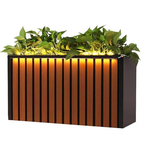 GSK WPC Wood Like LED Metal Planter Boxes Outdoor LED Adjustable Ambient Light Strips 2 Garden Patio Durable Planter Drainage Holee Easy DIY Assembly Pot for Indoor Flowers Herbs and Succulents