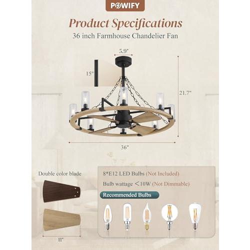 36 Inch Farmhouse Ceiling Fans with Lights Vintage Rustic Chandelier Ceiling Fan with Remote Double-Sided Modern Farmhouse Chandelier for Kitchen Dining Room Living Room Bedroom Indoor