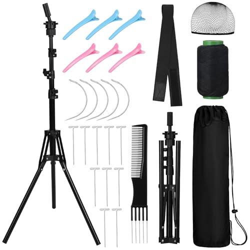 61'' Adjustable Wig Stand Tripod, Wig Holder Stand with Head, Caps, Elastic Bands, T Pins Tool Kit for Wigs Styling Making Display, Cosmetology Hairdressing Training