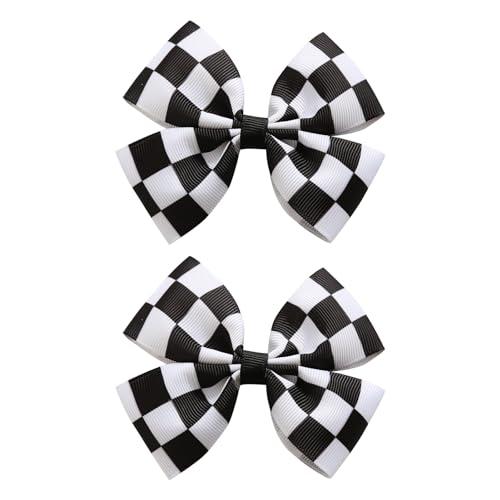 JiaDuo 4PC Racing Black and White Checkered Flag Hair Bow Clips for Girls