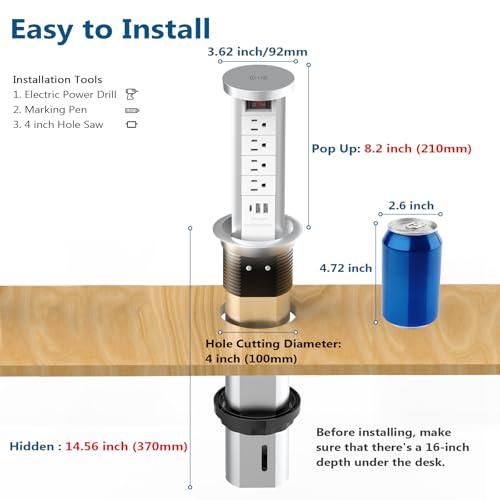 BTU Pop Up Outlet for Countertop, 4 Inch Hole Receptacle Power Strip with USB C & 4 AC Outlet, Pull Popup Outlet Recessed Power Socket with 10W Wireless Charger for Kitchen Conference Office