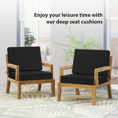 Waterproof Outdoor Chair Cushions 24x24, Memory Foam Outdoor Cushions for Patio Furniture with Removable Cover, Deep Seat Cushions for Outdoor Furniture with Ties and Handle, Black