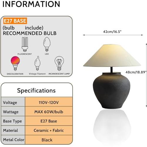 Black and Cream Farmhouse Table Lamps Black 18.8 Tall Ceramic Table Lamp Rustic Southwestern Clay Pot Ceramic Lampshade with Fabric Shade Bedside Nightstand for Living Room Bedroom House Office Entryway (Black)