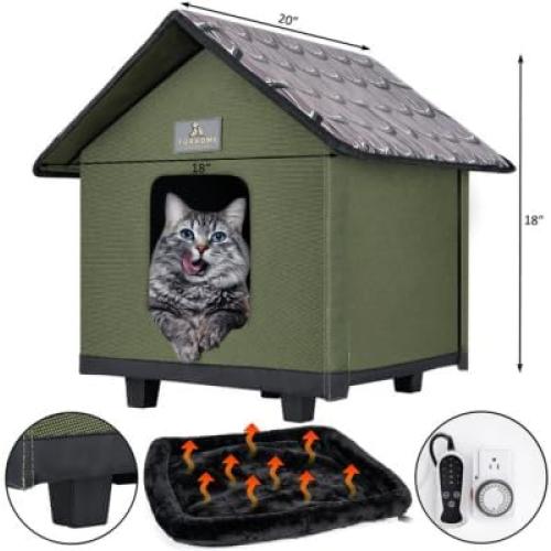 Color olive Heated Cat House for Outside - Cat Houses for Outdoor Cats - Heated Cat House - Outdoor Cat House - Cat Houses for Indoor Cats