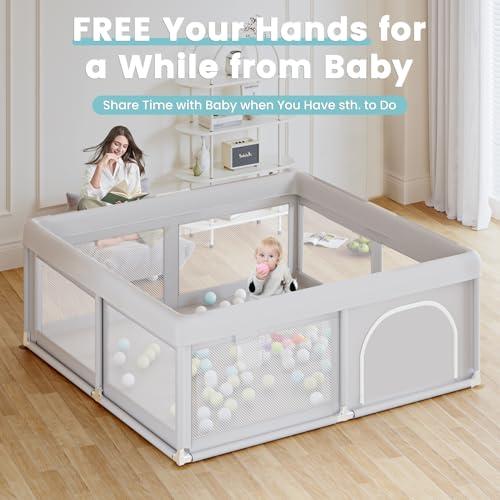 Hiaksedt Baby Playpen 50x50 Inch, Play Pens for Babies and Toddlers | Baby Fence for Indoor & Outdoor, Sturdy Safety Play Yard with Soft Breathable Mesh, Anti-Fall, Grey