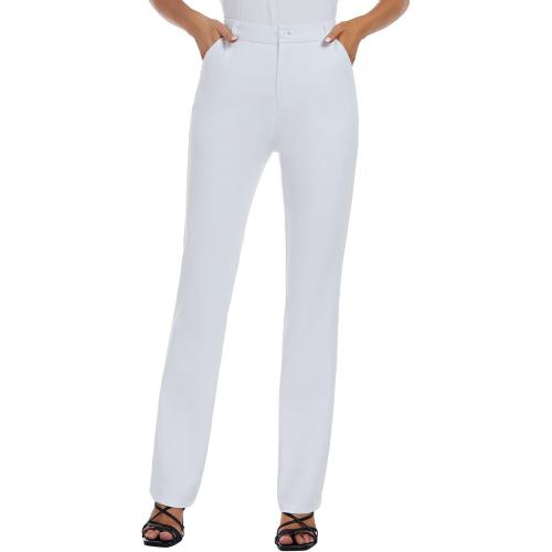X14 Regular iChosy Women's Stretchy Straight Leg Dress Work Pants Business Office Casual Slacks with Pockets White