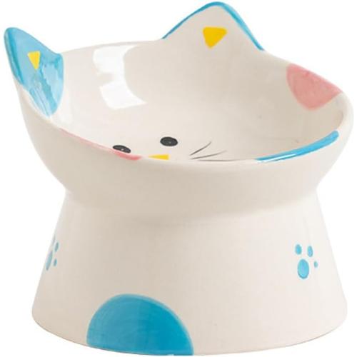 Ceramic Raised Cat Bowls, Anti Vomiting and Protect Pets' Spines for Indoor Cats Whisker Friendly Pet Feeder for Cats Puppies (Blue)