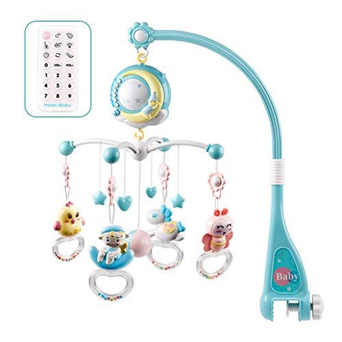 Baby Musical Crib Mobile with Timing Function Projector and Lights,Hanging Rotating Rattles and Remote Control Music Box with 150 Melodies,Toy for Baby (Blue)
