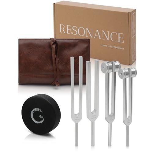 Resonance Tuning Forks for Healing Set - Weighted & Unweighted Tuning Fork Set Including 128Hz, 136Hz, 256Hz, 384Hz & Hockey Puck Activator - Chakra Sound Therapy Instruments in a Vegan Leather Pouch