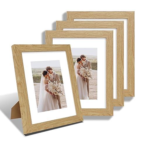 Hongkee 8x10 Picture Frame Set of 4, Made of Real Glass and Natural Oak Wooden Frame, 8 by 10 Photo for Wall or Tabletop - Display Picture 5x7 with Mat or 8x10 Without Mat