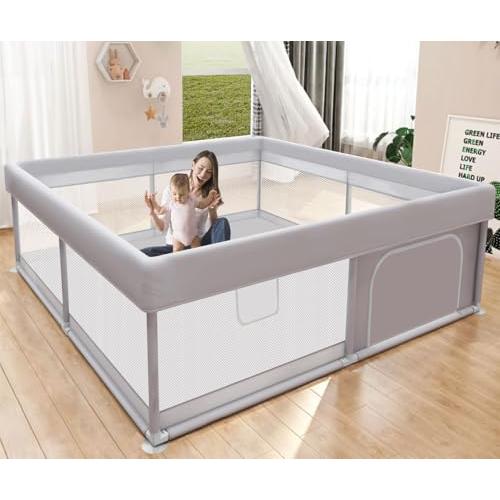 Hiaksedt Baby Playpen 50x50 Inch, Play Pens for Babies and Toddlers | Baby Fence for Indoor & Outdoor, Sturdy Safety Play Yard with Soft Breathable Mesh, Anti-Fall, Grey