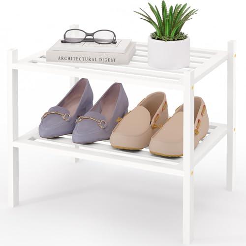 Smiry Bamboo Shoe Rack, 5 Horizontal Slats, 2 Tier - 17.3 Wide, White