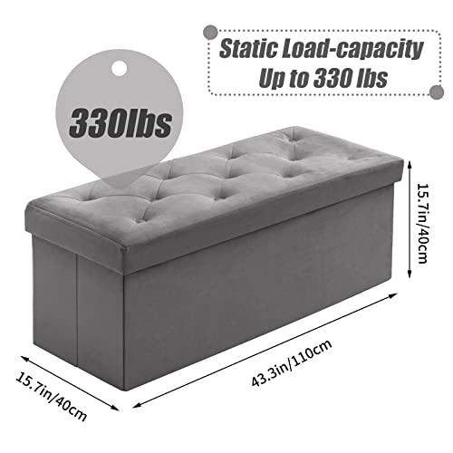 BRIAN & DANY 43 inch Ottoman with Storage, Velvet Storage Ottoman Bench, Folding Bench for Bedroom and Living Room - Gray