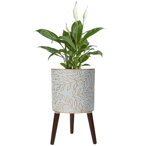 12inch Plant Pots with Wood Planter Holder Indoor Flower Pot with Gold Floral Embossed Modern Planters with Drainage Holes for Living Room, Office, Garden or Balcony