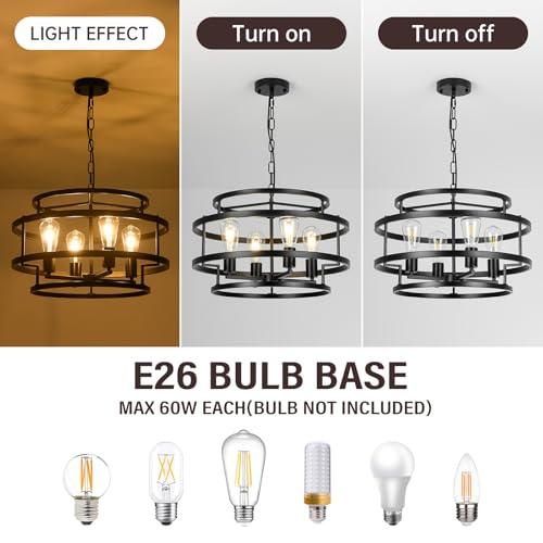 4-Light Black Chandelier for Dining Room, 19.7 Modern Farmhouse Pendant Light with Geometric Metal Frame, Industrial Flush Mount Ceiling Light for Living Room, Bedroom, Kitchen Island, Hallway, Foyer