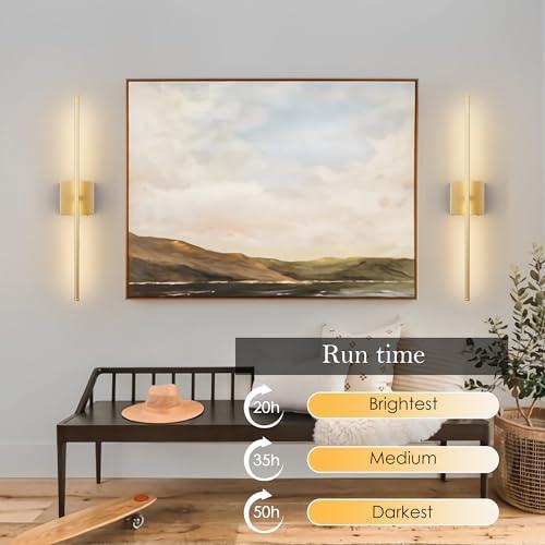 Battery Operated Wall Sconces with Remote Control, Dimmable Wall Sconces Set of Two, 350°Rotate, 3000K LED Gold Wireless Wall Light for Living Room, Hallway, Bedroom, 28.3 Inch (2 Pack)