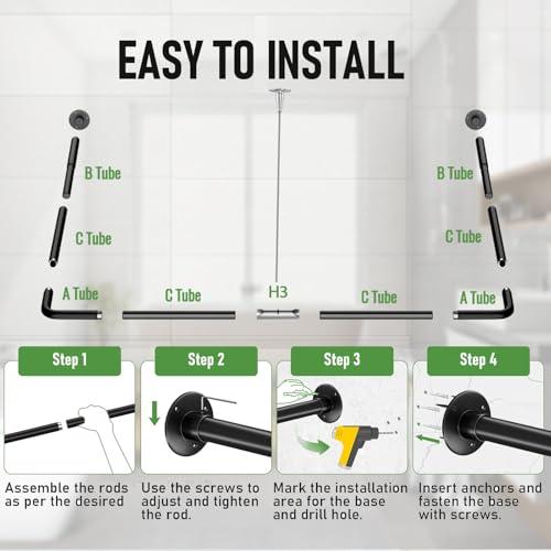 U Shaped Shower Curtain Rod, [Both Sides: 23-52, Middle: 31-46.5] Adjustable U Shape Shower Rod Black Outdoor Corner Curtain Pole for Bathroom Bathtub with Ceiling Support & 12 Hooks