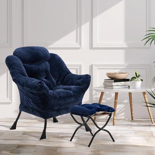 Fabric Lazy Chair with Ottoman, Oversized Upholstered Sofa Chair for Adults, Plush Comfy Lounge Chair with Large Side Storage Pocket, Reading Chair for Living Room, Bedroom, Office, Navy Blue