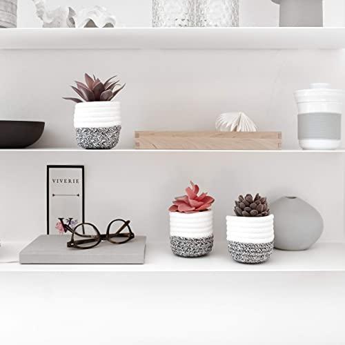VIVERIE 3Pcs Fake Succulent Plants in Boho Removable Rope Basket Pot Set- Farmhouse Faux Cactus Plant for Home Decor Indoor Bedroom Bathroom Office Desk Shelf Boho Room Kitchen Decor and Accessories