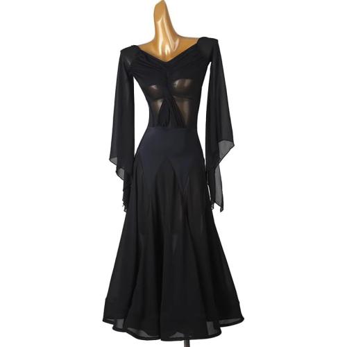 Women's Medium Waltz Performance Dancing Outfit Mesh Standard Ballroom Dresses V Neck Tango Flamenco Competition Clothing