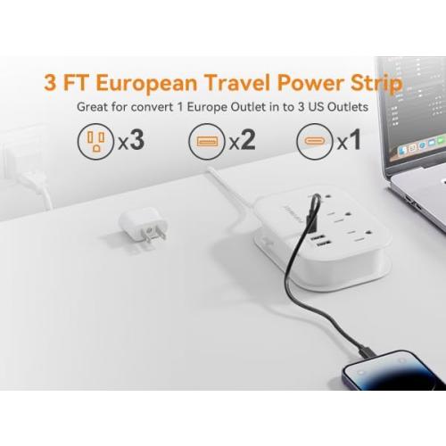 European Plug Adapter,EU/UK/US Travel Power Strip with 3 Outlets & 4 USB Ports(3.4A), International Power Adapter with 3 FT Extension Cord Compact for US to EU UK Germany Italy France Cruise
