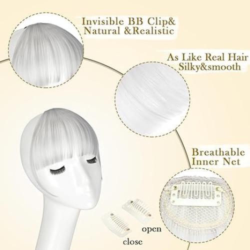 Bangs Hair Clip in Bangs, Fake Bangs Natrual Clip in Hair Extensions, Easy to Use Faux Bangs Clip on bangs, Wispy Bangs Fringe with Temples Hairpieces for Daily Wear (Silver Gray)