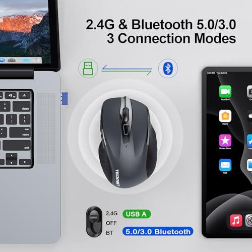 TECKNET Wireless Mouse, BT 5.0/2.4G, Silent 4800 DPI 6 Buttons, Grey