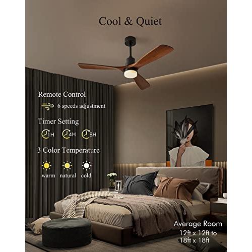 Ceiling Fans with Lights, 60 Wood Ceiling Fan with Remote Control, 3 Walnut Fan Blades Reversible Quiet DC Motor 6 Speeds Timing Farmhouse Ceiling Fan for Bedroom/Living Room/Study/Porch