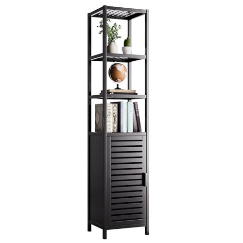 HITNET Bathroom Cabinet Freestanding, Tall Slim Bamboo Storage Cabinet with Shelves and Door, Space Saving Kitchen Cupboard Organizer, Black