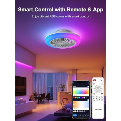 ANGELHALO Ceiling Fans with Lights and Remote, 18'' Modern Flush Mount Fandelier with RGB Lights, Smart Dimmable LED Light, Ultra Quiet 6-Speed Motor, Low Profile Design for Bedrooms & Living Rooms