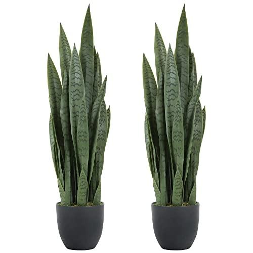 Worth Garden 3ft Artificial Snake Plant Fake Sansevieria Indoor Outdoor, 28 Thick Leaves Lifelike Faux Silk Plant, Home Decor Mother in Law Tongue Plant 35in, with Black pot & Dry Moss Included, Green